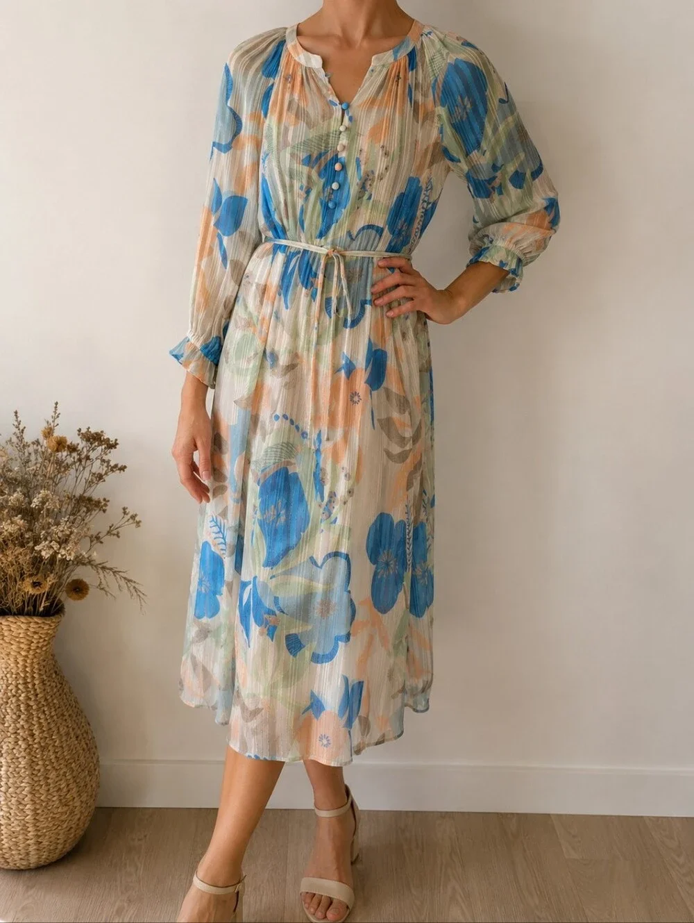 MOS MOSH Queena Botanic Floral Pleated Midi Dress Size M - Picture 1 of 9